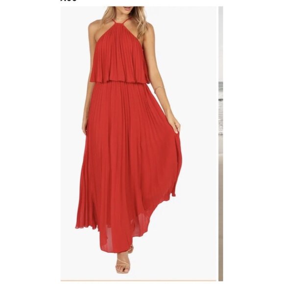 Petal & Pup Gia Red Pleated Halter Maxi Dress L Nordstrom Formal Wedding Beach - Picture 2 of 11